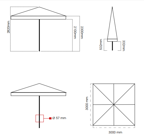 Ombrellone 3x3 Ecru con palo centrale in legno